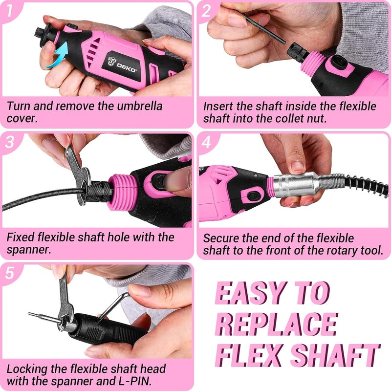 DEKOPRO Rotary Tool Kit: Power Hand Rotary Tools Mini for Wood/Metal, Electric Grinder Drill Machine Set with Flex Shaft for Carving, Cutting, Sanding, Grinding, Polishing, Engraving Pink - Image 4
